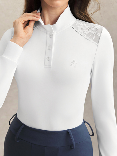 Activina Women's Contrast Lace Button Design Long Sleeve Equestrian Top