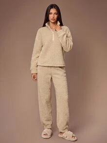 Lazeform Winter Ins Sweet Solid Color Loose Thermal Lined Loungewear Set - Khaki - View 1