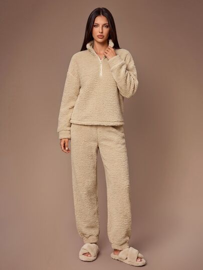 Lazeform Winter Ins Sweet Solid Color Loose Thermal Lined Loungewear Set