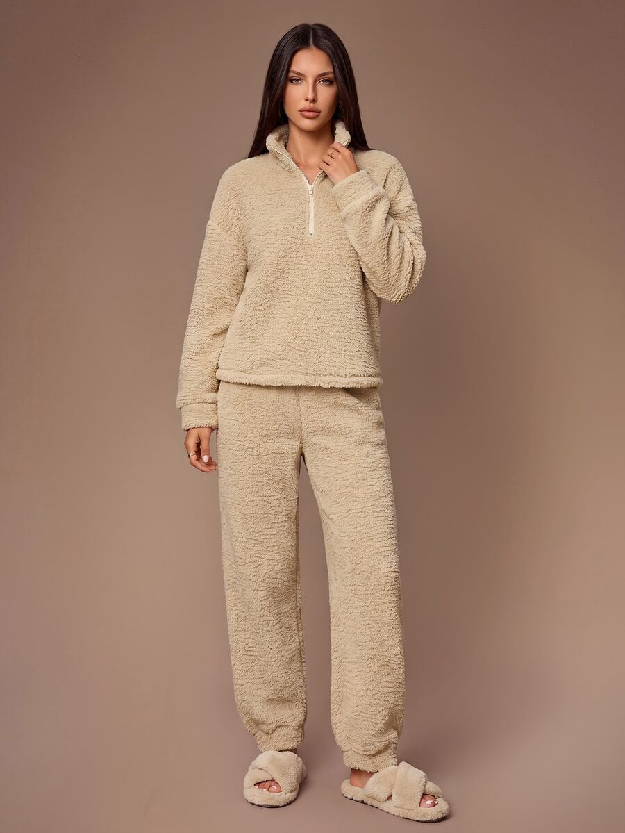 Lazeform Winter Ins Sweet Solid Color Loose Thermal Lined Loungewear Set - Khaki - View 1