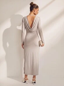 SHEIN Uhlyne Women's Cream Draped Back Long Sleeve Split Midi Dress, Elegant Bodycon Dress For Spring Fall Date Party Evening Wear - Dusty Purple - View 5