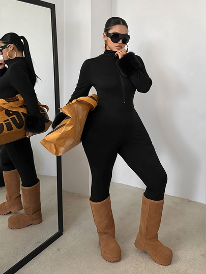 POPSWAY Plus Size Black Long Sleeve Long Pants Jumpsuit With Front Zipper, Waist-Cinching Slim Fit, Minimalist Solid Color Versatile Everyday Jumpsuit