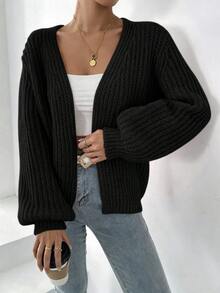 EMERY ROSE Women's Solid Color Drop Shoulder Long Sleeve Loose Casual Cardigan, Autumn/Winter Fall Cloth For Women - Black - View 1