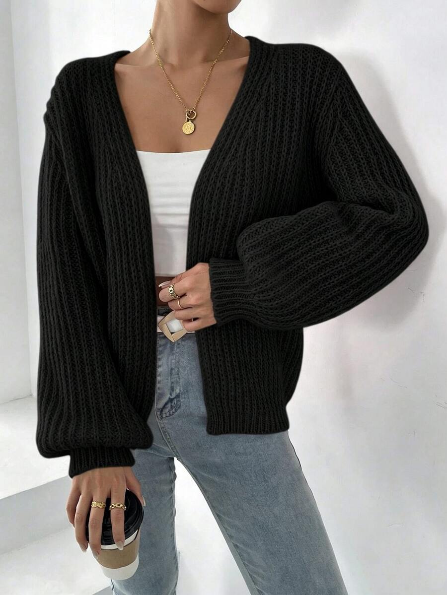 EMERY ROSE Women's Solid Color Drop Shoulder Long Sleeve Loose Casual Cardigan, Autumn/Winter Fall Cloth For Women - Black - View 1