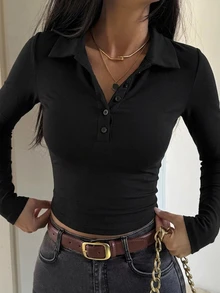 DAZY 女款領口短袖修身內搭性感休閒套頭街頭風T恤 - 黑色 - 查看 6
