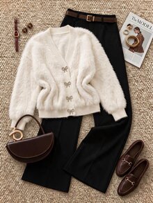 Grovea Plus Size Bow Decor Fluffy V-Neck Long Sleeve Knit Cardigan, Soft Fuzzy Sweater Jacket For Autumn/Winter - White - View 3