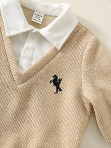 SHEIN 2件組男嬰秋冬拼接 Polo 領長袖休閒運動衫與長褲套裝，學院風 - 彩色 - 查看 3