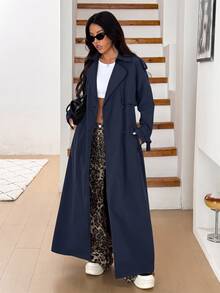 Solflare Plus Size Women's Solid Color Double-Breasted Long Sleeve Casual Trench Coat Jacket, Spring/Autumn - Navy Blue - View 3