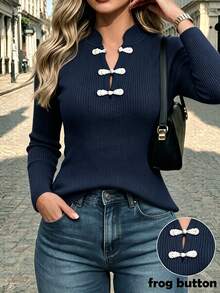 SHEIN New Chinese Style Stand Collar Ribbed Knit Top With Traditional Frog Buttons - Navy Blue - View 4