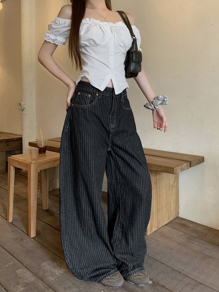 DAZY Women's Striped Korean Style Casual Loose Fit Denim Jeans - Black - View 6