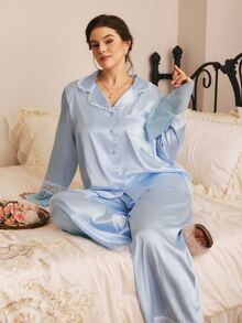 Côtesoire Plus Size Women's Contrast Lace Bell Sleeve Single-Breasted Top And Pants Elegant Pajama Set - Baby Blue - View 6