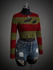 SHEIN ICON Fall Women's Autumn Halloween Red And Black Goth Devil Girl Fashion Colorblock Striped Distressed Sweater - Multicolor - View 5