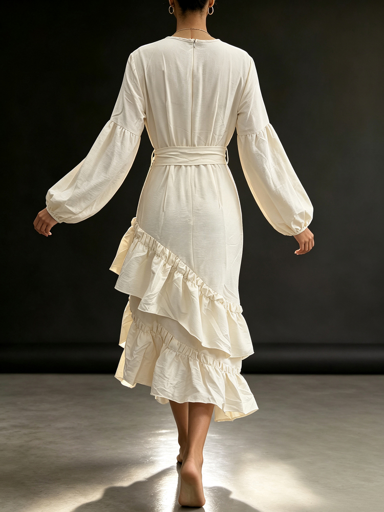 SHEIN Franclia Women's V-Neck Waist Tie Casual Boho Elegant Party Vacation Long Dress Cream White Fall - White - View 2
