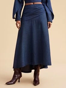 Travachic 女款純色腰部百褶優雅休閒百搭裙，適合早午餐與秋季穿著 - 藍色 - 查看 4