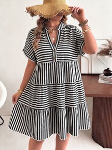 Ceyna 大尺碼 V 領 Polo 袖休閒波希米亞風水洗紗布皺褶洋裝 白色夏季度假早午餐海灘正式商務風 - 黑色 - 查看 3