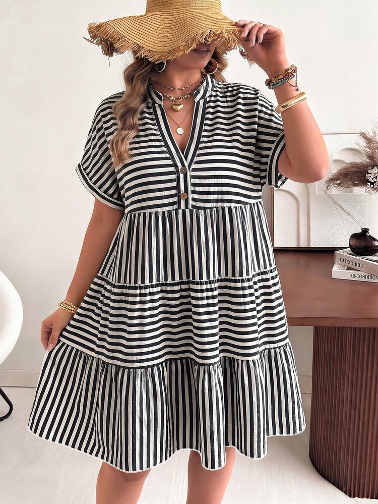 Ceyna Plus Size V-Neck Polo Sleeve Casual Bohemian Boho Washed Gauze Crinkle Dress Vacation White Summer Brunch Beach Vacation Formal Bussines - Black - View 3