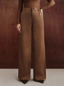 Anewsta American Retro High Waist Faux Suede Straight Leg Wide Leg Pants, Soft Velvet Drape Versatile Casual Long Pants For Autumn/Winter - Mocha Brown - View 7