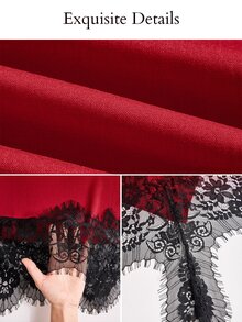 SOLERSUN Plus Size French Style Asymmetric Hem Asymmetrical Shoulder Top And Lace Patchwork Loose Long Pants 2 Pieces Set Fall - Red - View 8