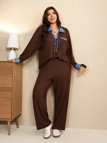 Edennvi Plus Size Women's Patchwork Denim Effect Print Lapel Front Tie Long Sleeve Top And Pants 2 Pieces Set Fall Homewear Vacation Brown Casual Cargo - Multicolor - View 6