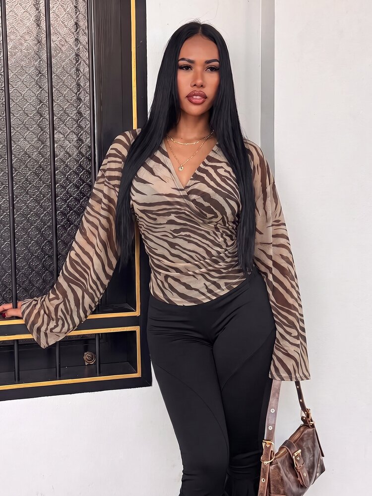 Slaydiva New Summer/Autumn Women's V-Neck Wrap-Style Loose Long-Sleeved Top/Elegant/Party/Vacation/Festival/Holiday/Commuting/Goning Out/Zebra Print - Multicolor - View 6