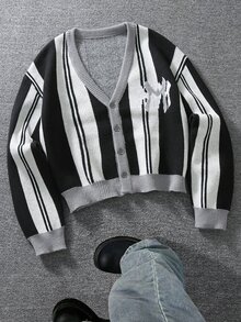 Manfinity Hypemode Casual Khaki And Black Striped Men's Cardigan Short Knitwear Long Sleeve Button Front V-Neck Sweater - Black and White - View 1