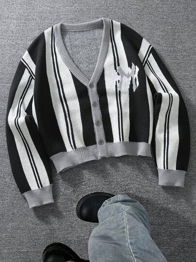 Manfinity Hypemode Cardigan Pria Kasual Bergaris Khaki dan Hitam, Rajutan Pendek Lengan Panjang, Kancing Depan, Leher V