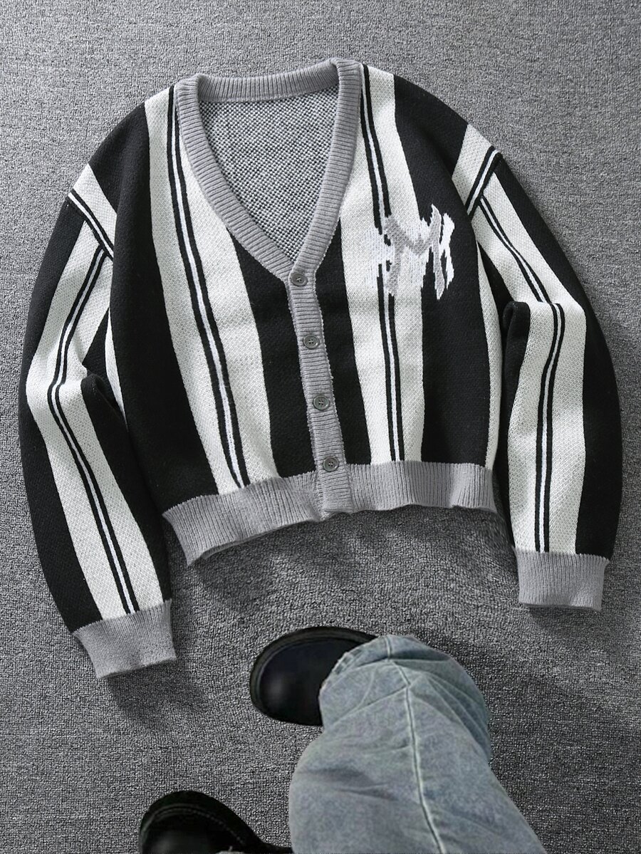 Manfinity Hypemode Casual Khaki And Black Striped Men's Cardigan Short Knitwear Long Sleeve Button Front V-Neck Sweater - Black and White - View 1