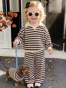 SHEIN Baby Girl Thick Elastic Ribbed Half-Zip Pullover Top And Straight Leg Thick Pants, Suitable For Winter - Brown - View 4