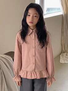 Dazy Kids 女童休閒條紋長袖寬鬆基本款襯衫 - 粉色 - 查看 6