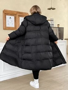 SHEIN CURVE+ معطف طويل مبطن بالريش أسود بقلنسوة وحبل شد، مقاس كبير، مناسب للخريف/الشتاء، بأسلوب العودة إلى المدرسة والكلية، مناسب للاستخدام اليومي والكاجوال متعدد الاستخدامات - الأسود - مشاهدة 2