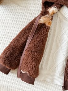SHEIN LMoss Kids 女嬰休閒純色可愛愛心圖案毛茸茸連帽冬季外套 - 棕色 - 查看 7