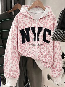SHEIN Tween女孩針織豹紋圖案連帽開襟運動衫 - 粉色 - 查看 2