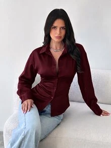 Firerie 女款深棕色長袖襯衫，綁帶收腰設計，休閒性感，適合辦公室、早午餐、夜晚外出，秋季優雅波西米亞風，春夏工作穿搭 - 酒紅色 - 查看 3