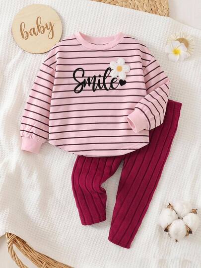 SHEIN Baby Girl Baby Girl Knitted Striped Pattern 3D Flower Round Neck Long Sleeve Pullover Sweatshirt & Long Pants 2 Pieces Set, Suitable For Autumn/Winter, Inner Wear, All-Match Casual, Versatile Fashion