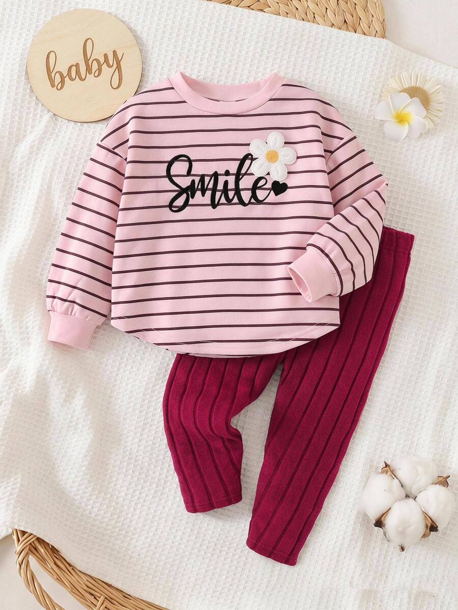 SHEIN Baby Girl Baby Girl Knitted Striped Pattern 3D Flower Round Neck Long Sleeve Pullover Sweatshirt & Long Pants 2 Pieces Set, Suitable For Autumn/Winter, Inner Wear, All-Match Casual, Versatile Fashion - Multicolor - View 1