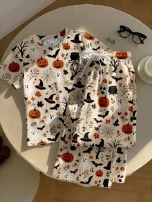 2pcs Set Embroidered Round Neck Short Sleeve Top And Striped Print Pants, Casual - Multicolor - View 4
