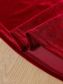 Young Girls Velvet Mesh Long Sleeve Dress, Bow Neck Cutout A-Line Flared Dress, Red Princess Party B - Red - View 12