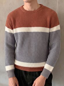 TONEVAULT Áo len nam kiểu Mỹ casual phối màu kẻ sọc, phong cách Old Money retro patchwork, dáng rộng, cổ tròn, tay dài, dệt kim chui đầu, mặc đi làm và thường ngày mùa thu/đông - Nhiều màu - Xem 4
