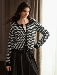 Anewsta Black And White Color Block Elegant Loose Fit Women's Cardigan Top - Black and White - View 2