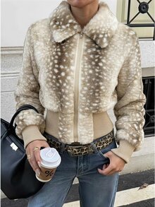 SHEIN EZwear Women's Zipper Front Animal Print Long Sleeve Faux Fur Coat - Khaki - View 6