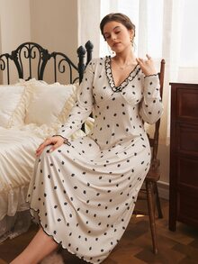 Côtesoire Plus Size Women's French Romantic Ditsy Floral Long Sleeve A-Line Maxi Nightgown - Apricot - View 4