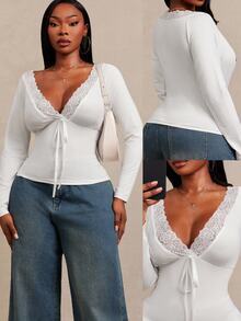 SHEIN SXY White High Elasticity Knit Lace Patchwork V-Neck Bow Decor Long Sleeve T-Shirt Fall - White - View 3