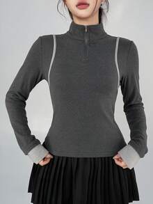DAZY Women's Autumn/Winter Korean Style Dark Gray Half-Zip Turn-Down Collar Slim Fit Contrast Line Decor Fitness Outdoor Running Polo Shirt Casual Sports T-Shirt - Dark Grey - View 5