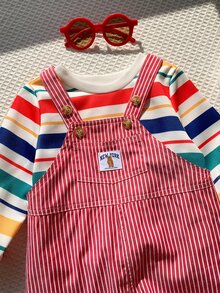 SHEIN 中性新生兒嬰兒男/女寶寶，男嬰2件組秋冬抓絨加厚可愛條紋運動衫套裝，連身衣套裝，萬聖節、聖誕節 - 紅色 - 查看 8