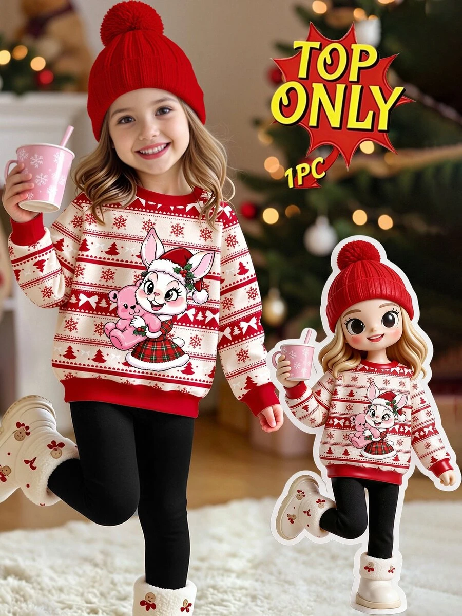 1pc Young Girls Casual Fresh Cute Cartoon Red & White Christmas Rabbit Momo Pattern Crew Neck Sweatshirt, Christmas Fall Outfits - Pink - View 1
