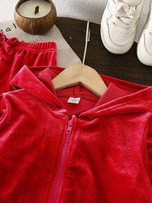 SHEIN 女童天鵝絨連帽長袖外套與長褲套裝，適合秋冬穿著，時尚百搭且舒適 - 紅色 - 查看 3
