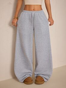 SHEIN PETITE Women's Solid Color Drawstring Waist Pocket Wide Leg Casual Sweatpants - Light Grey - View 1