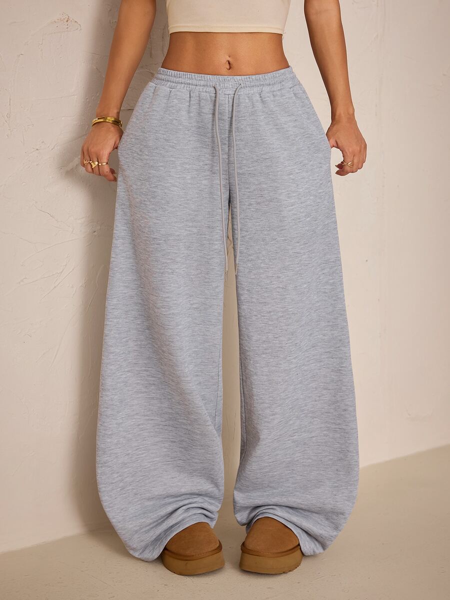 SHEIN PETITE Women's Solid Color Drawstring Waist Pocket Wide Leg Casual Sweatpants - Light Grey - View 1