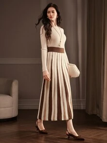 Anewsta Women's Autumn/Winter Brown Coffee Vertical Ribbed Ribbed Knit Skirt, Wide Elastic Waist Vintage Slouchy Sweater Skirt - Multicolor - View 7