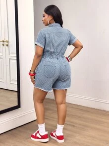 Slaydiva Plus Size Jacquard Button Pocket Frayed Hem Denim Romper - Blue - View 2